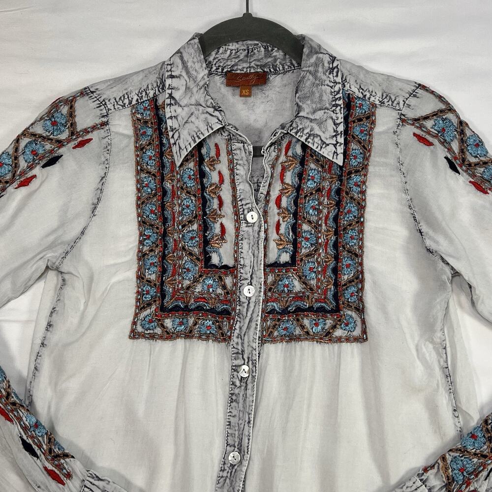 Scully Blouse Womens Size XS White-Gray Embroidered Button Up LS Western Cowgirl - Picture 2 of 14